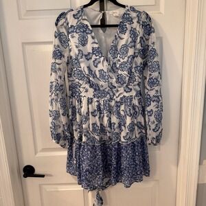 Japna Long Sleeve Mini Dress‎ Size L Ruffles Lightweight Floral Blue White